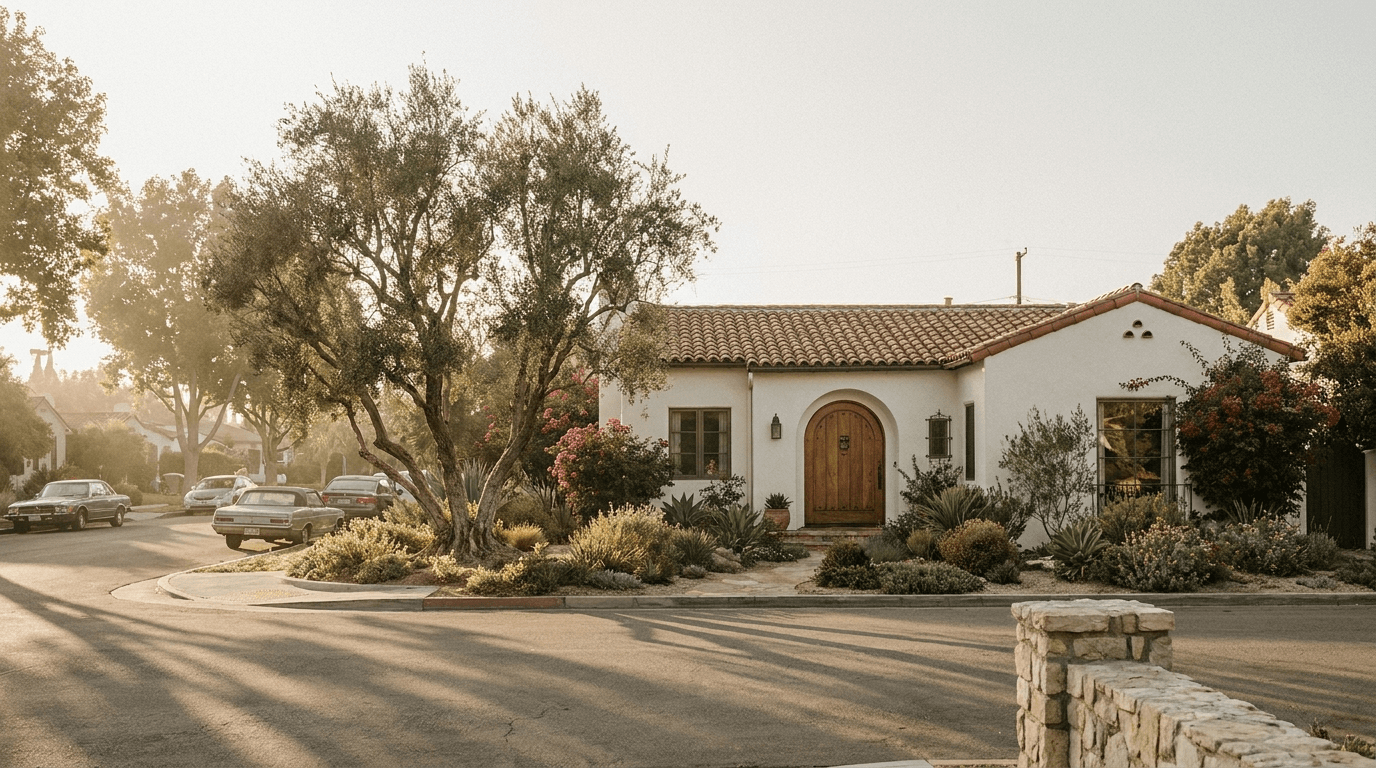 Spanish colonial revival home in California at golden hour